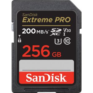 SanDisk Extreme PRO SDXC UHS‐I‐Kaart 256 GB (4K UHD, Leessnelheden Tot 200 MB/s, Class 10, UHS-I, U3, V30, 2 Jaar RescruePRO Deluxe Software, Levenslange Beperkte Garantie) Zwart
