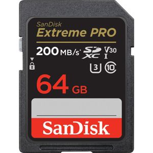 SanDisk Extreme PRO SDXC UHS‐I‐Kaart 64 GB (4K UHD, Leessnelheden Tot 200 MB/s, Class 10, UHS-I, U3, V30, 2 Jaar RescruePRO Deluxe Software, Levenslange Beperkte Garantie) Zwart