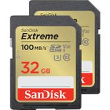 SanDisk Extreme 32 GB SDHC UHS‐I‐Kaart Pak Van 2 (RescuePRO Deluxe Software, Leessnelheden Tot 100 MB/s, 4K UHD, Class 10, UHS-I, U3, V30) Goud