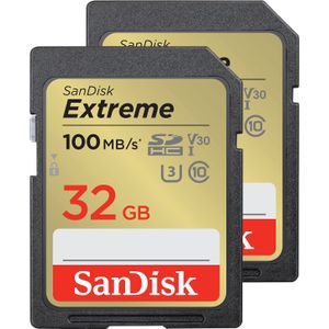 SanDisk Extreme 32 GB SDHC UHS‐I‐Kaart Pak Van 2 (RescuePRO Deluxe Software, Leessnelheden Tot 100 MB/s, 4K UHD, Class 10, UHS-I, U3, V30) Goud