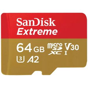 SanDisk Extreme 64 GB microSDXC geheugenkaart + SD-adapter met A2-toepassingsprestaties tot 190 MB/s, klasse 10, U3, V30