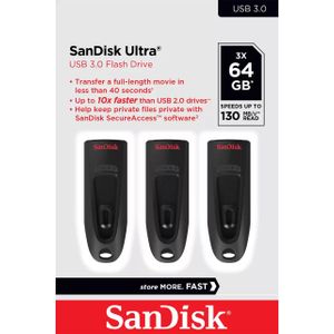 SanDisk Ultra USB 3.0-Flashdrive 64 GB Pak Van 3 (Overdrachtssnelheden Tot 130 MB/s, Draagbaar Ontwerp, 128-Bit AES-Versleuteling, SanDisk SecureAccess-Software, Beperkte Garantie Van 5 Jaar)