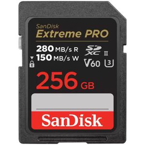 SanDisk Extreme PRO 256GB V60 UHS-II 280/150MBs (SDXC, 256 GB, U3, UHS-II), Geheugenkaart, Zwart