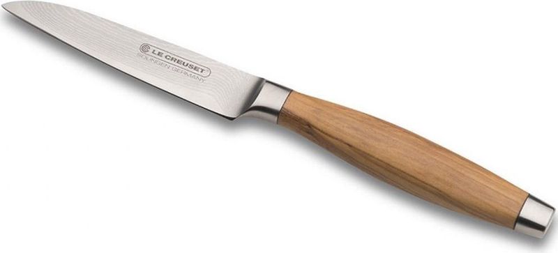 Le Creuset - Groentemes - Bruin/Zilver - 9 cm Damascusstalen Lemmet - Ergonomisch Olijfhouten Handvat
