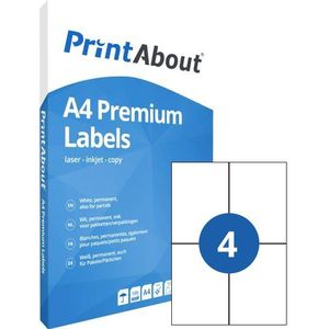 PrintAbout - Premium A4 Stickervel - 4 Stickers per Vel - Zelfklevend - 100 Vellen