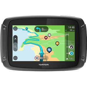 TomTom Rider 500 4,3 inch-navigatiesysteem voor motorfietsen met specifieke informatie over bochtige en heuvelachtige wegen. Updates via Wi-Fi. Compatibel met Siri en Google Now. 3 maanden verkeers- en snelheidsinformatie. WE Maps