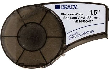Brady Zelfklevende vinyltape voor BMP21-PLUS; BMP21-LAB; BMP21, 38,10 mm x 4,30 m, zwart op wit, transparant