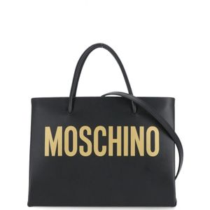 Moschino, Zwarte Leren Handtas met Handvatten en Schouderriem Zwart, Dames, Maat:ONE Size