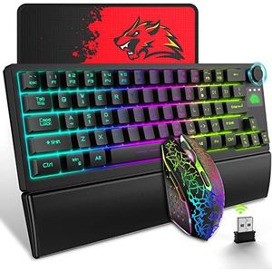 2.4G draadloos toetsenbord en muis, polssteun, RGB chroma dynamische achtergrondverlichting, oplaadbaar 60% compact gaming-toetsenbord en muis, morsbestendig, instelbare verlichting en muis DPI, voor game-werk-leren-zwart