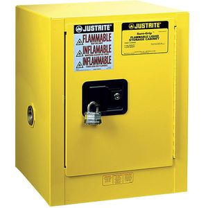 Justrite Kleine milieu veiligheidskast, tafelkast, met één deur, handmatig te sluiten, geel