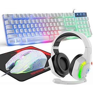 UK Layout Bedraad Gaming Toetsenbord & Muis & Headset Combo 4 in 1 Gaming Set 104 Toetsen Toetsenbord + Optische Rainbow LED Muizen + RGB Backlit Hoofdtelefoon + Muismat, Voor PC, Mac, PS4,XBOX-Wit