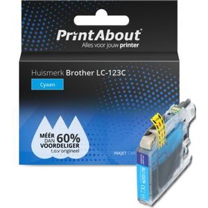 PrintAbout huismerk Inktcartridge LC-123C Cyaan Geschikt voor Brother