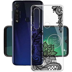 ZhuoFan Motorola Moto G8 Plus Case, Telefoon Case Transparant Clear met Patroon Ultra Slim Shockproof Zachte Gel TPU Siliconen Achterkant Bumper Huid Gevallen voor Moto G8 Plus Smartphone, Zwarte bloem