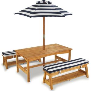 KidKraft 106 houten picknicktafel met bankenset voor buiten, met kussens en parasol, tuinmeubilair voor kinderen, marineblauw en wit gestreept