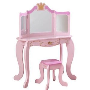 KidKraft 76123 Make-uptafel met spiegel en prinsessenkruk voor kinderen, bureau met opslag, kindertafel met houten stoel, kinderkamermeubels, 76123