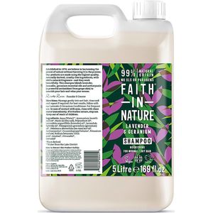 Faith in Nature Natuurlijke shampoo met lavendel en geranium, voedzaam, veganistisch en niet getest op dieren, SLS en parabenen, normaal of vet haar, navulbare fles van 5 l