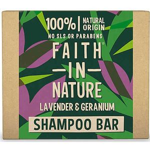 Faith in Nature, Shampooing Solide Naturel à la Lavande et au Géranium, Apaisant, Vegan & Cruelty Free, Sans parabènes & SLES, pour tout type de cheveux, 85g