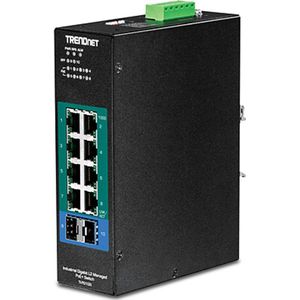 Trendnet - TI-PG102i - Netwerkschakelaar - Zwart - 10 Poorten, 240 Watt PoE+, IP30 Behuizing