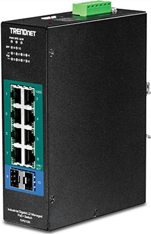 Trendnet - TI-PG102i - Netwerkschakelaar - Zwart - 10 Poorten, 240 Watt PoE+, IP30 Behuizing