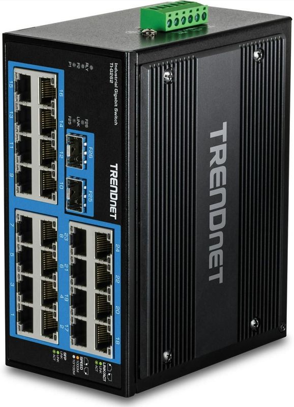 Trendnet - 26-Poorts Geharde Industriële Gigabit DIN-Rail Switch - Zwart - 24 Gigabit RJ45-poorten en 2 Gigabit SFP-aansluitingen