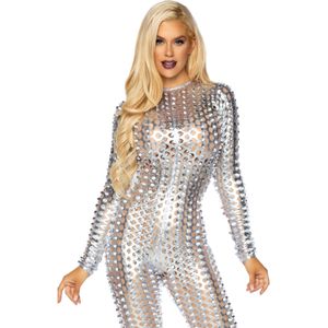 Leg Avenue - Sexy lasergesneden metalen catsuit voor dames, L (EUR 42-44), zilver
