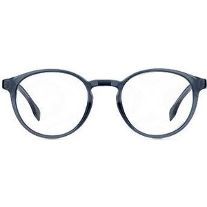 Rond optisch montuur van blauw acetaat met 3D-logo