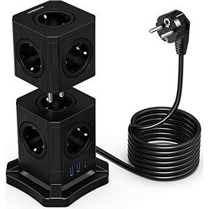 NVEESHOX Stekkerdoos met USB, verticale stekkerdoos met 10 stopcontacten, 2 USB-stopcontacten en 1 snelle type C (30 W), overbelastingsbeveiliging met schakelaar, 2 m, 2500 W/10 A