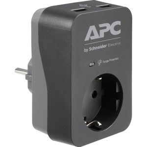 APC Surge Protector - PME1WU2B-GR - stekkeradapter met overspanningsbeveiliging (1 stekker Schuko, 2 USB-oplaaduitgangen, zwart)