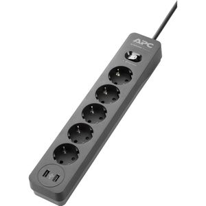 APC PME5U2B-GR Surge Protector stekkerdoos met overspanningsbeveiliging, 5 schakelbare Schuko-stopcontacten, 2 USB-uitgangen, zwart