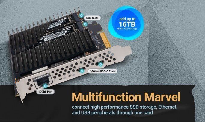 Sonnet - McFiver - PCIe Card - Zwart - 2 M.2 NVMe SSD-sleuven, 10 Gb Ethernet, 2 USB-C 10 Gbps
