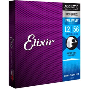 Elixir® Strings 80/20 bronzen snaren voor akoestische gitaar met POLYWEB®-Coating, licht/medium (.012-.056)