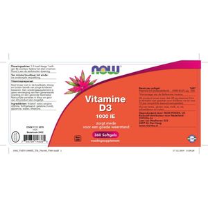 Now Foods - Vitamine D3 1000 IU - Belangrijk voor Immuunsysteem en Spierwerking - 360 Softgels