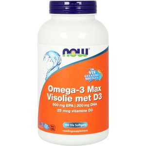 NOW - Omega 3 Max - Visolie - Geen Kleur - 180 Softgels - 600 mg EPA, 300 mg DHA, Met Vitamine D