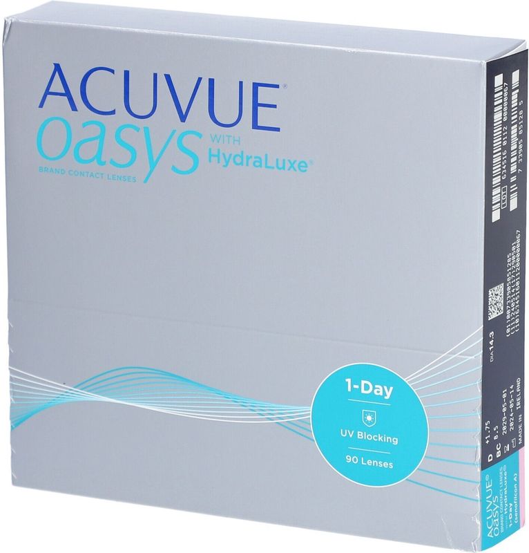ACUVUE Oasys 1-Day daglenzen helpen het gevoel van vermoeide en droge ogen te verminderen, dagelijkse contactlenzen met 1,75 dpt en BC 8.5, uv-bescherming en comfortabel draaggevoel, 90 lenzen