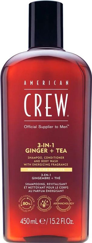American Crew - 3 In 1 Energizing Ginger + Tea - Shampoo - 450ml - Gerecycled Plastic