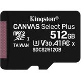 Kingston Canvas Select Plus microSD Card 512 GB geheugenkaart SDCS2/512GB, Class 10 UHS-I A1, Incl. Adapter