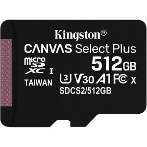 Kingston sdcs2/512gb Canvas Select Plus MicroSDXC incl. adapter, 512 GB, 100/85 MB/s, UHS-I, U3, V30
