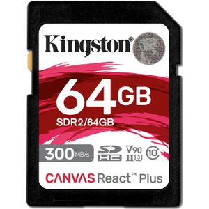 Kingston Canvas React Plus 64 GB SDXC-geheugenkaart UHS-II 300R/260W U3 V90 voor Full HD/4K/8K - SDR2/64GB