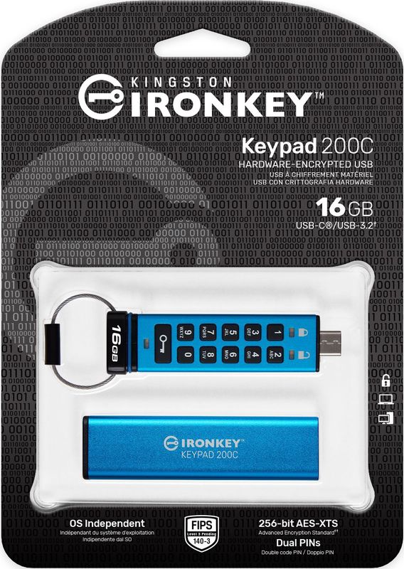 Kingston Technology IronKey 16GB USB-C Keypad 200C, FIPS 140-3 Lvl 3 (aangevraagd) AES-256