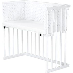 dreamgood Beistellbett Buche weiß lackiert / Matratze Prime Air / Nestchen, off-white Sternemix caramel/platin