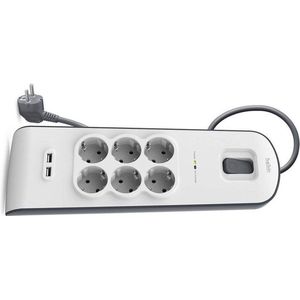 Belkin Stekkerdoos met USB en 6 beveiligde AC stopcontacten, 6-voudig stekkerdoos met overspanningsbeveiliging en 2 USB-A-oplaadpoorten (2,4 A), kabel van 2 m, stekkerdoos voor thuis, keuken, bureau