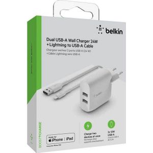 Belkin Boost Charge 2-poorts USB-A oplader 24W met USB-A naar Lightning-kabel (iPhone 12, 12 Pro, 12 Pro Max, 12 mini, SE, 11, 11 Pro, 11 Pro Max, XS, XS Max, XR, X, 8, iPad, AirPods enz.)