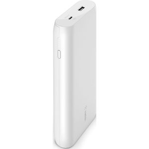 Belkin 20000mAh-powerbank, USB-C Power Delivery snellader, draagbare lader met 30 W USB-C- en 12W USB-A-poorten, power bank, 20K-reisaccu voor MacBook, iPad, iPhone, Galaxy, Pixel en meer – Wit