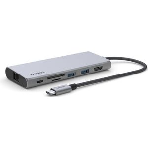 Belkin CONNECT USB-C 6-in-1 Multiport Hub 100W INC009btSGY (USB C), Docking station + USB-hub, Grijs