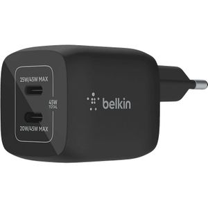 Belkin 45 W USB-C Dual Port Power Delivery 3.0 snellader met GaN-technologie voor iPhone 13, 12, Pro, Pro Max, Mini, iPad Pro 12.9, 11, MacBook, Galaxy S22, Plus, Ultra, Tab..