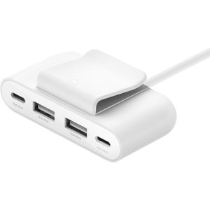 Belkin 4-poorts USB-hub (2 m geïntegreerde kabel, 2 x USB-C en 2x USB-A, 30 W USB-netadapter, snel opladen voor iPhone 14 en Samsung Galaxy S23, milieuvriendelijk design en afneembare clip)