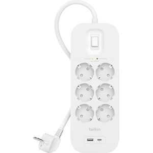 Belkin - 6-voudige Stekkerdoos - Met Overspanningsbeveiliging - Wandmontage - 2 m Netsnoer - USB-C en USB-A Aansluiting