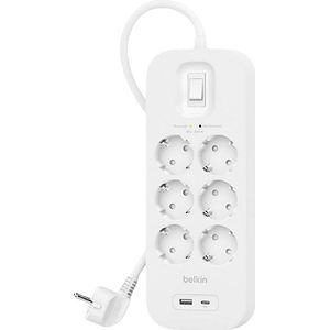 Belkin 6-voudige stekkerdoos met overspanningsbeveiliging, wandmontage, 6 stopcontacten, 2 m netsnoer, groene lichtindicator, USB-C- en USB-A-aansluiting met USB-C PD voor snel opladen; bescherming