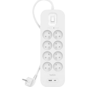 Belkin Overspanningsbeveiliging stekkerdoos met 8 stopcontacten (wandmontage, 2 m netsnoer, groen controlelampje, 1 USB-C en 1 USB-A-poort, PD-snel opladen, bescherming tot 900 joule)