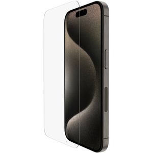 Belkin ScreenForce UltraGlass 2 antimicrobiële screenprotector voor iPhone 15 Pro, kraswerend, slim vormgegeven glas met een hardheid van 9H, met bevestigingsframe voor luchtbelvrij aanbrengen